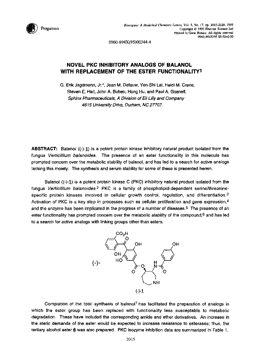 Novel PKC inhibitory analogs of balanol with replacement of the ester functionality 