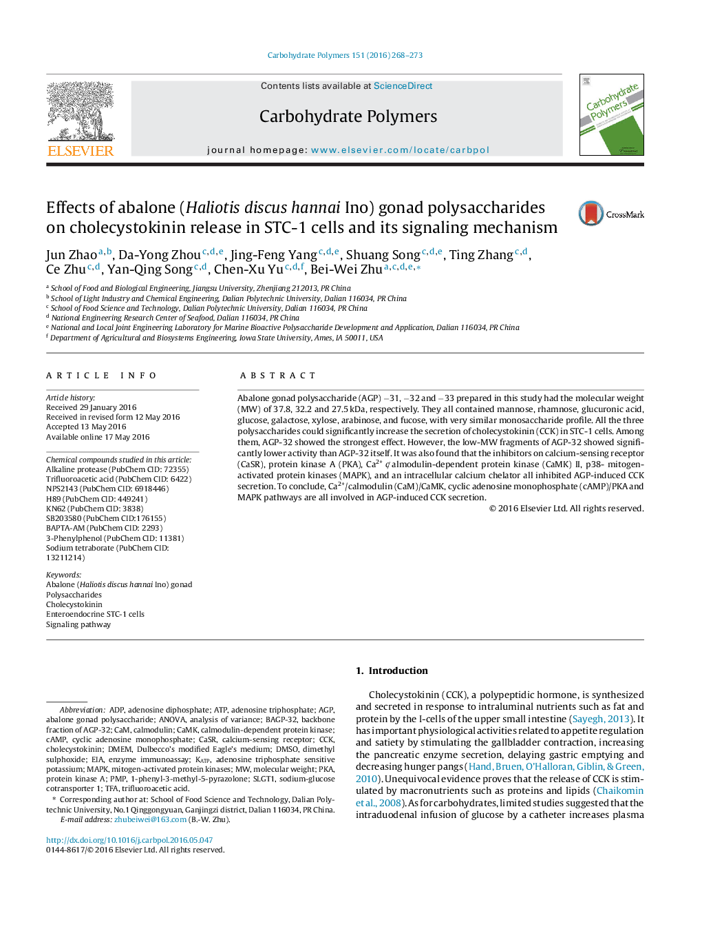 Effects of abalone (Haliotis discus hannai Ino) gonad polysaccharides on cholecystokinin release in STC-1 cells and its signaling mechanism