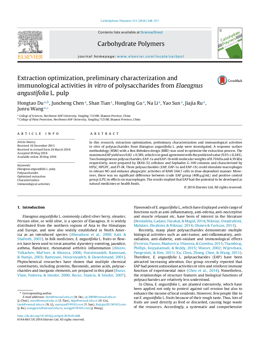 Extraction optimization, preliminary characterization and immunological activities in vitro of polysaccharides from Elaeagnus angustifolia L. pulp