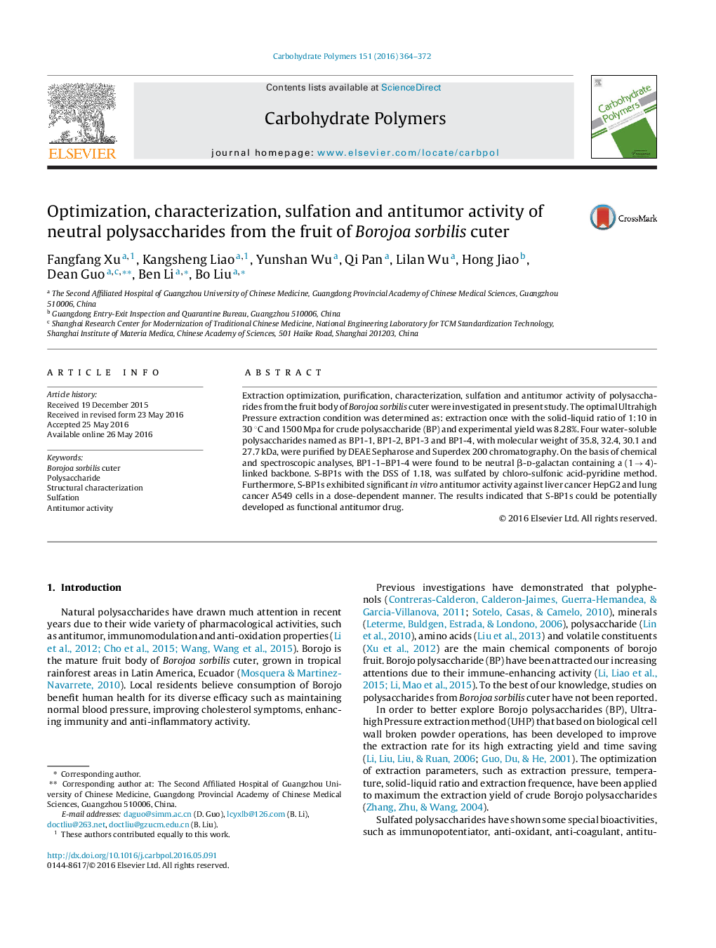 Optimization, characterization, sulfation and antitumor activity of neutral polysaccharides from the fruit of Borojoa sorbilis cuter