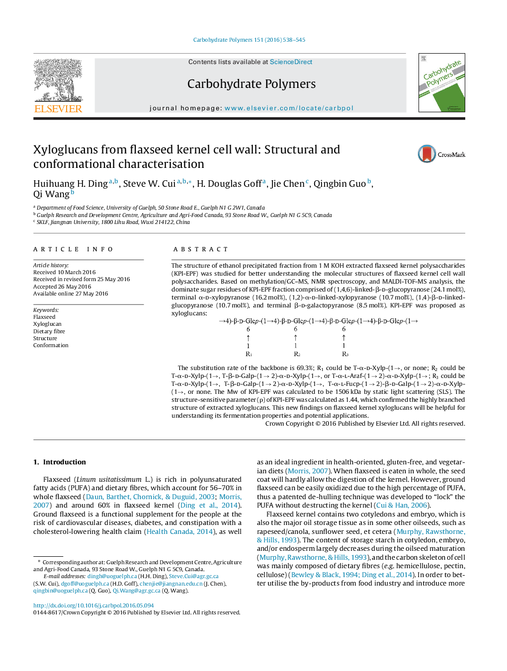 Xyloglucans from flaxseed kernel cell wall: Structural and conformational characterisation