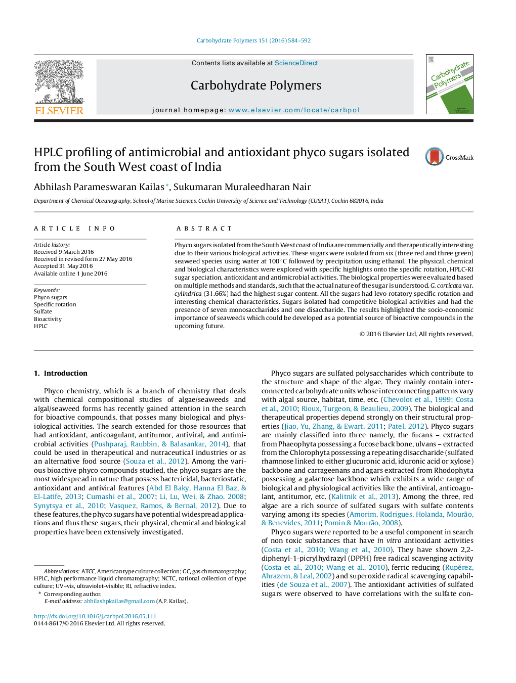 HPLC profiling of antimicrobial and antioxidant phyco sugars isolated from the South West coast of India