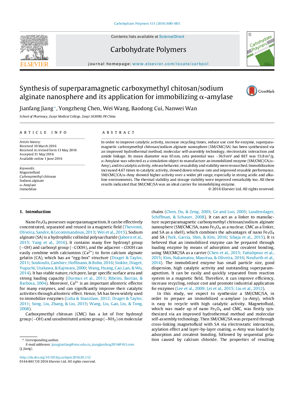 Synthesis of superparamagnetic carboxymethyl chitosan/sodium alginate nanosphere and its application for immobilizing α-amylase