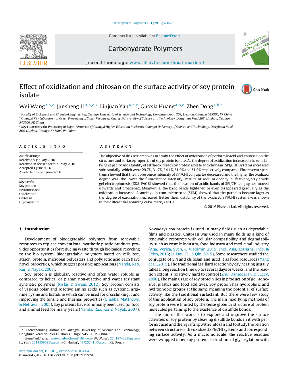 Effect of oxidization and chitosan on the surface activity of soy protein isolate