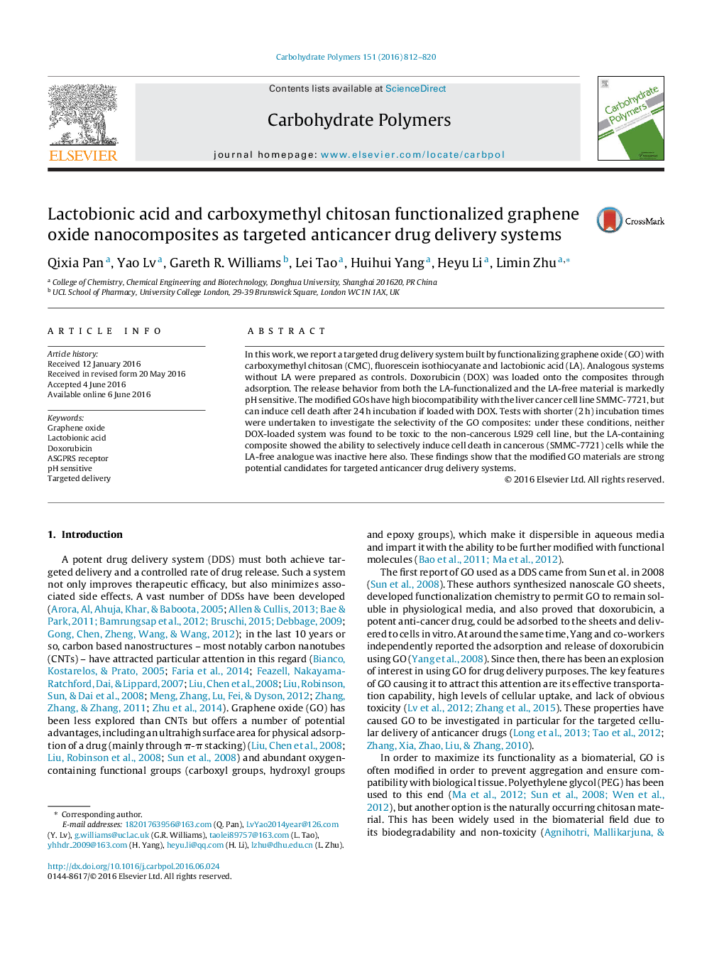 Lactobionic acid and carboxymethyl chitosan functionalized graphene oxide nanocomposites as targeted anticancer drug delivery systems