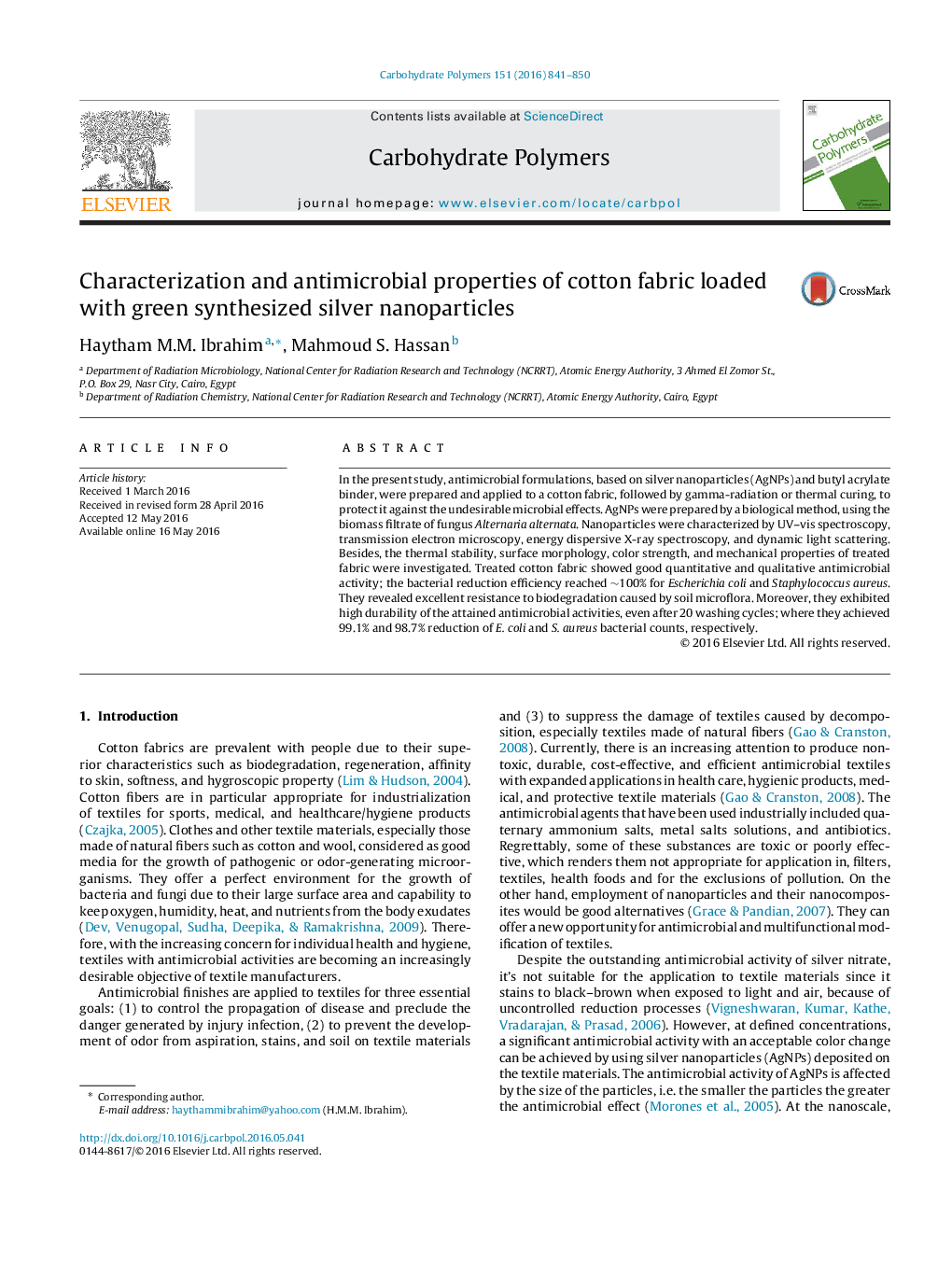 Characterization and antimicrobial properties of cotton fabric loaded with green synthesized silver nanoparticles