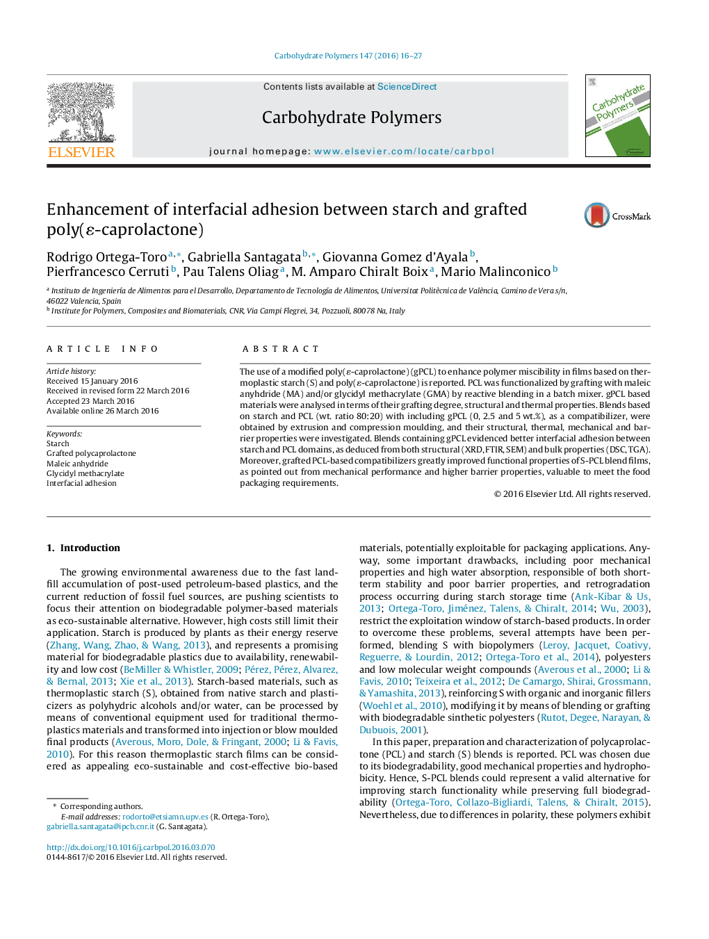 Enhancement of interfacial adhesion between starch and grafted poly(ε-caprolactone)