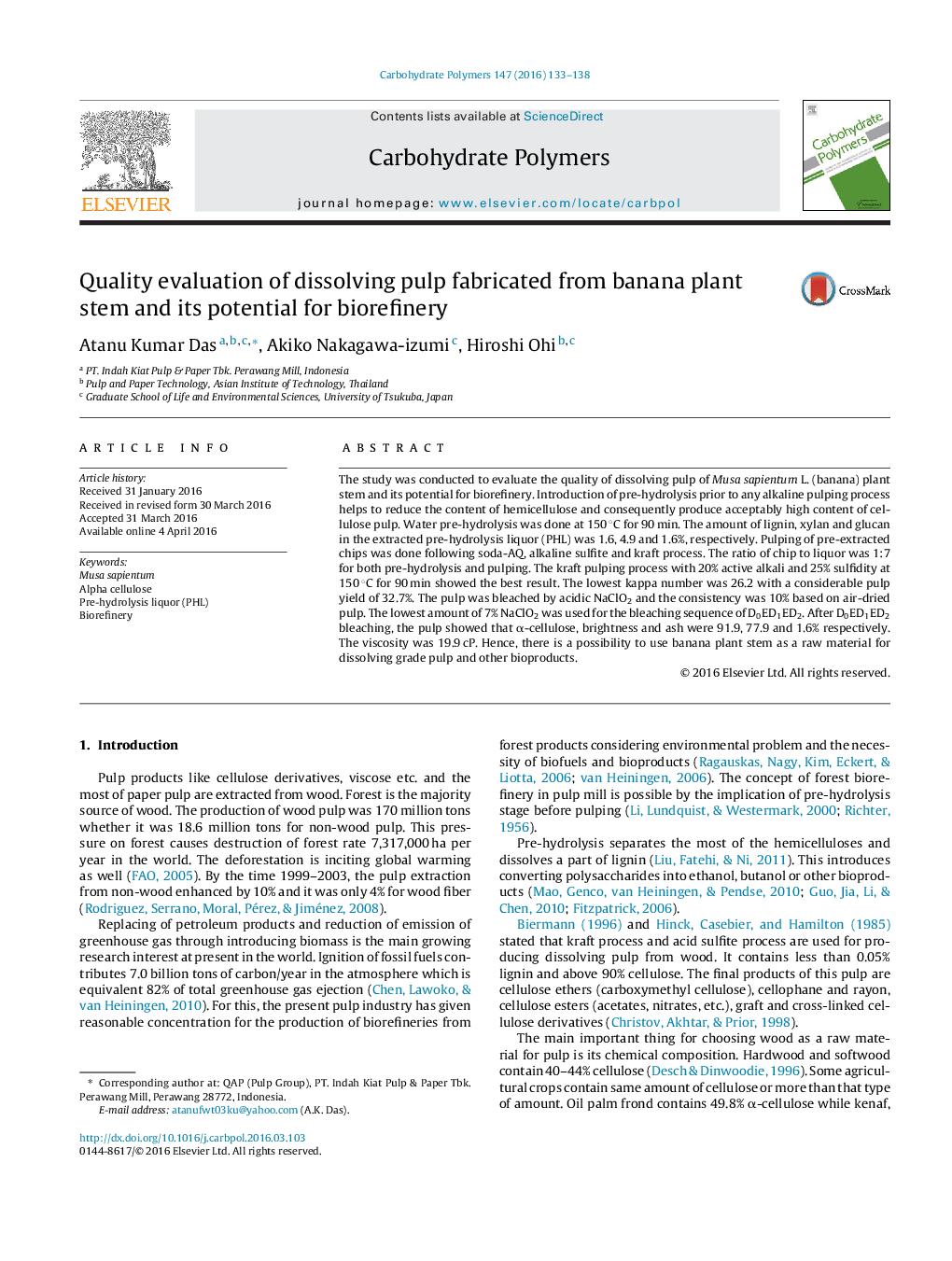 Quality evaluation of dissolving pulp fabricated from banana plant stem and its potential for biorefinery