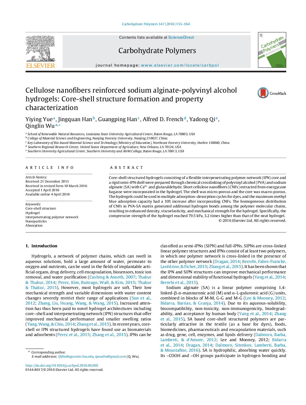 Cellulose nanofibers reinforced sodium alginate-polyvinyl alcohol hydrogels: Core-shell structure formation and property characterization