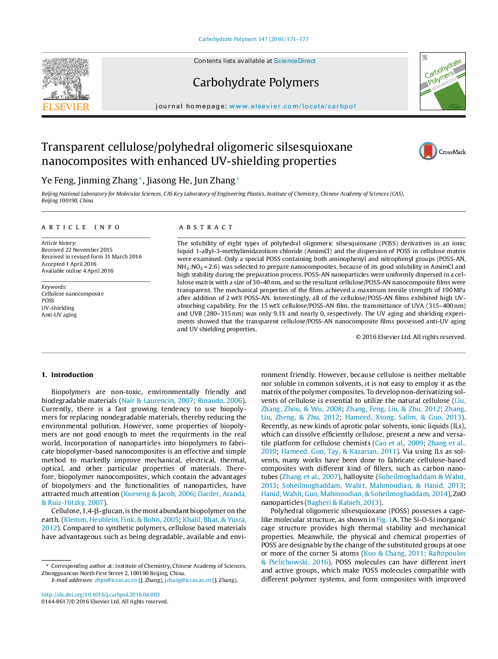 Transparent cellulose/polyhedral oligomeric silsesquioxane nanocomposites with enhanced UV-shielding properties