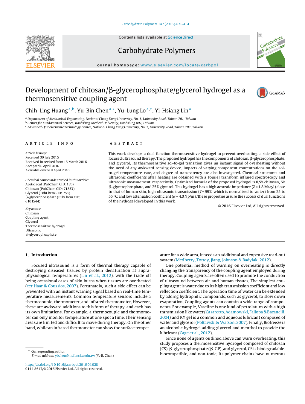 Development of chitosan/β-glycerophosphate/glycerol hydrogel as a thermosensitive coupling agent