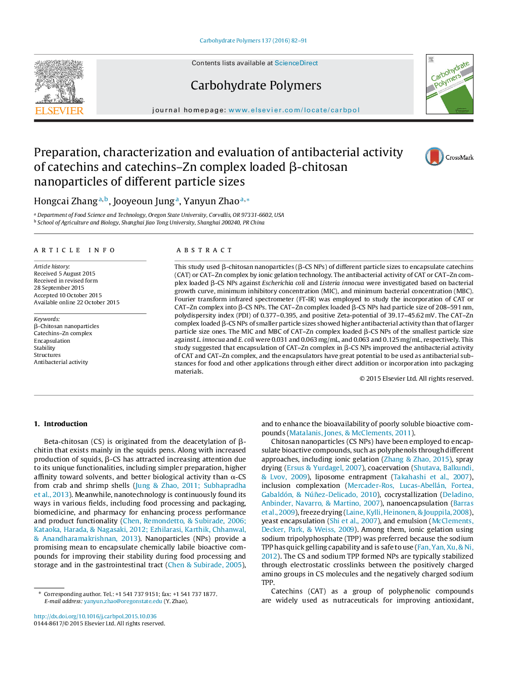 Preparation, characterization and evaluation of antibacterial activity of catechins and catechins–Zn complex loaded β-chitosan nanoparticles of different particle sizes