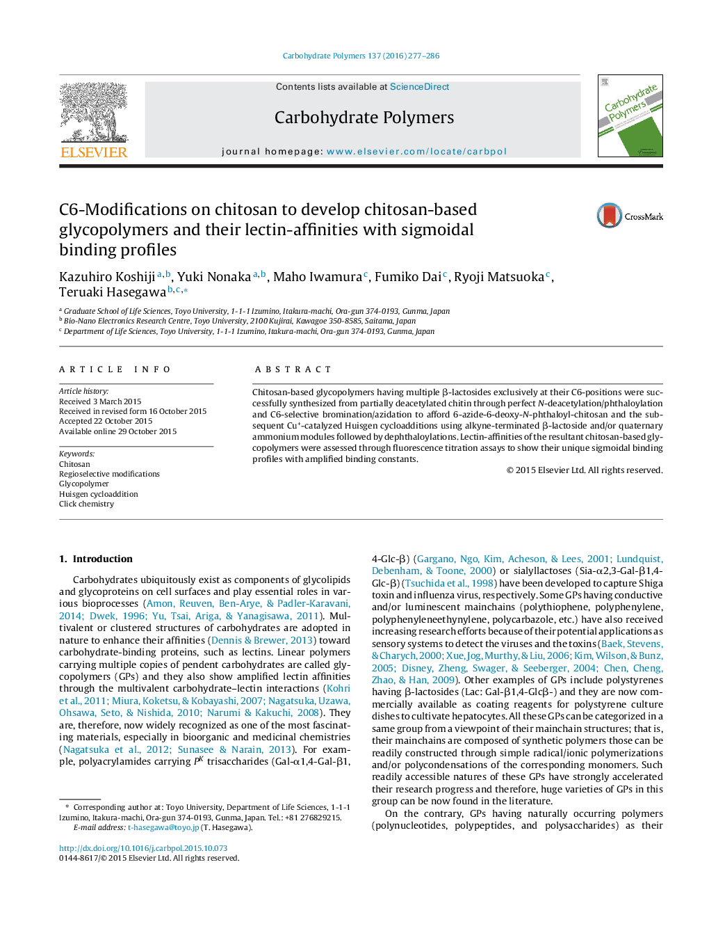 C6-Modifications on chitosan to develop chitosan-based glycopolymers and their lectin-affinities with sigmoidal binding profiles