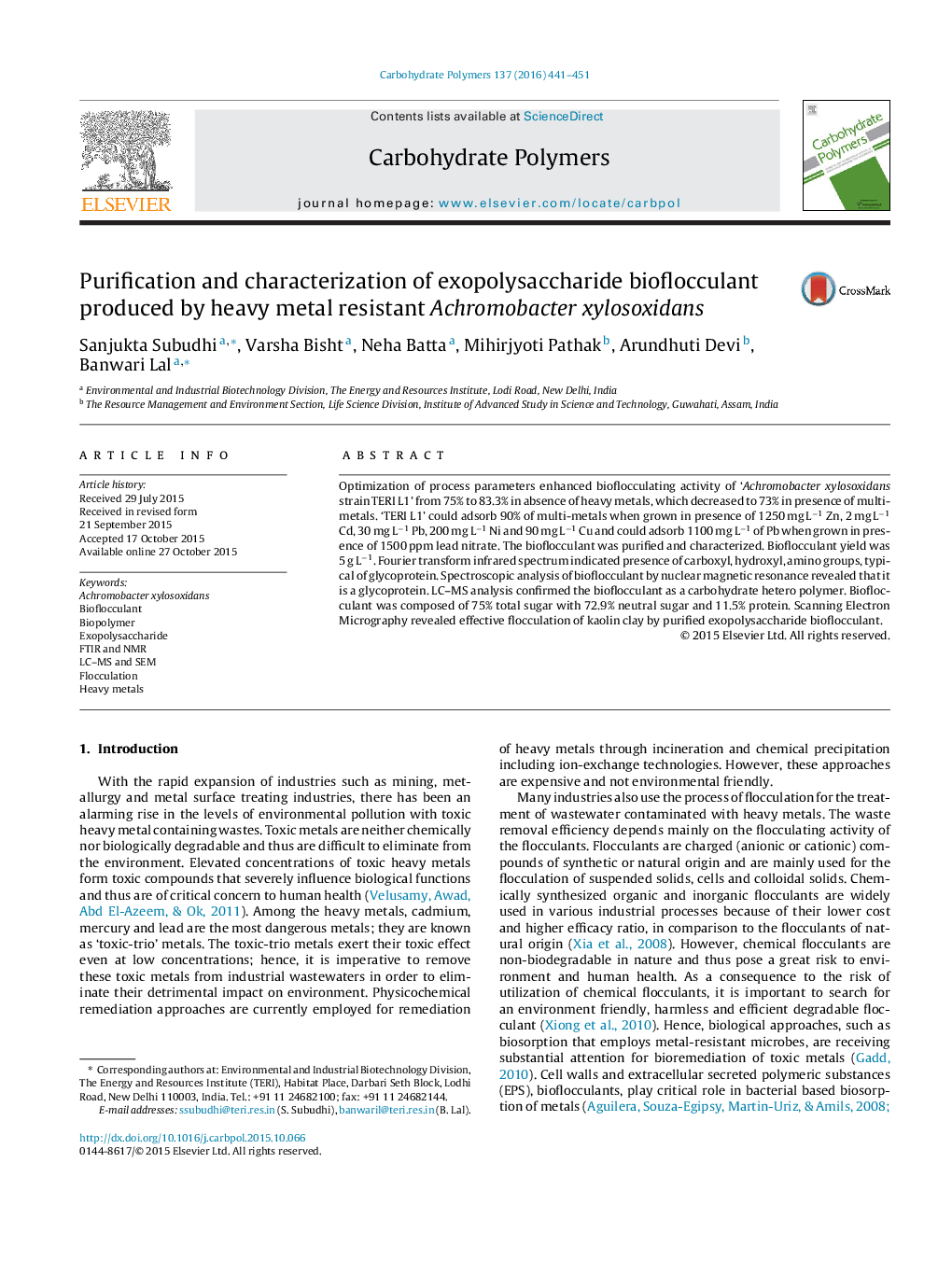 Purification and characterization of exopolysaccharide bioflocculant produced by heavy metal resistant Achromobacter xylosoxidans