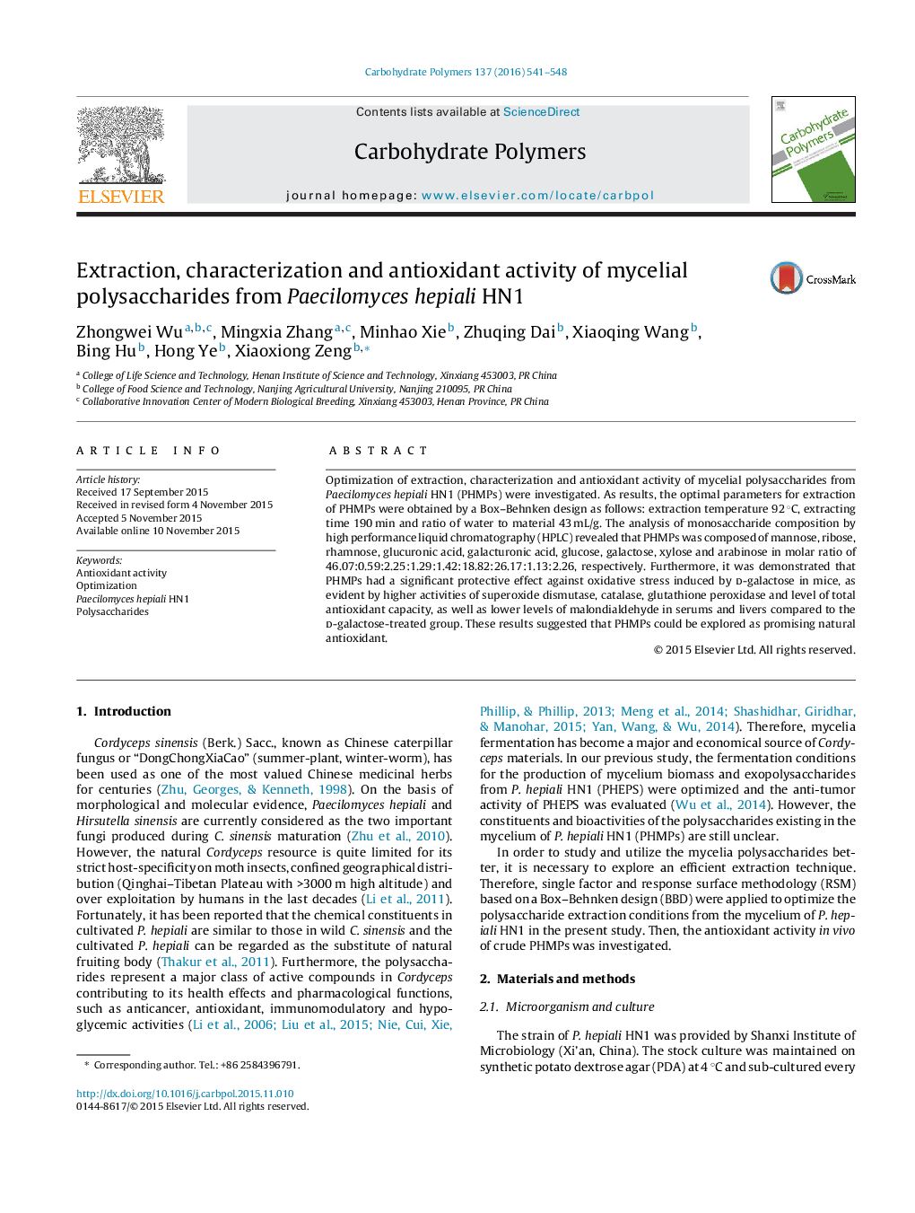 Extraction, characterization and antioxidant activity of mycelial polysaccharides from Paecilomyces hepiali HN1