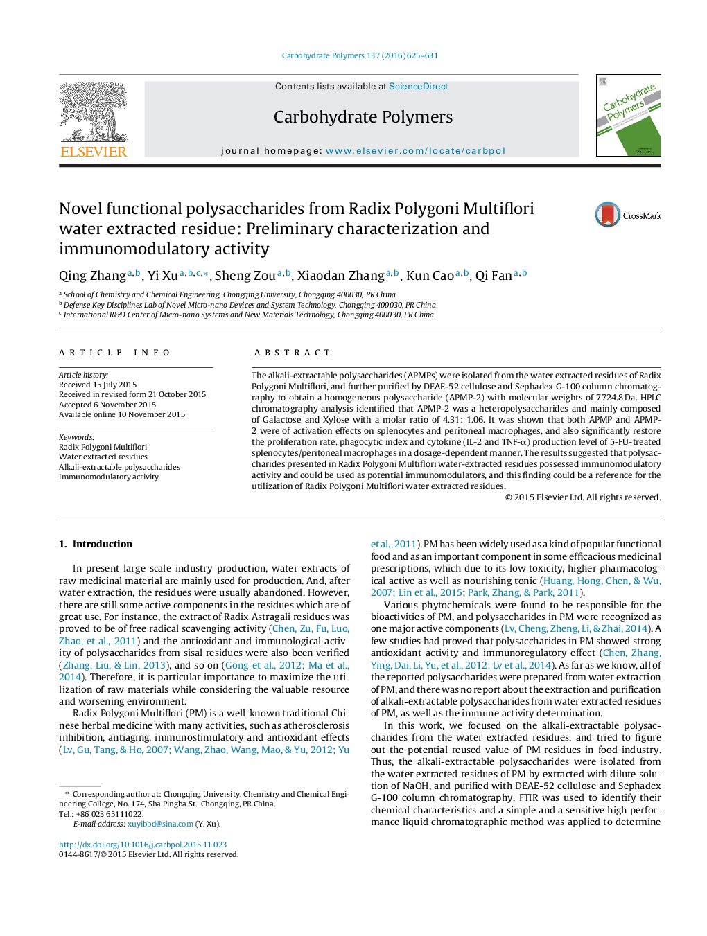 Novel functional polysaccharides from Radix Polygoni Multiflori water extracted residue: Preliminary characterization and immunomodulatory activity