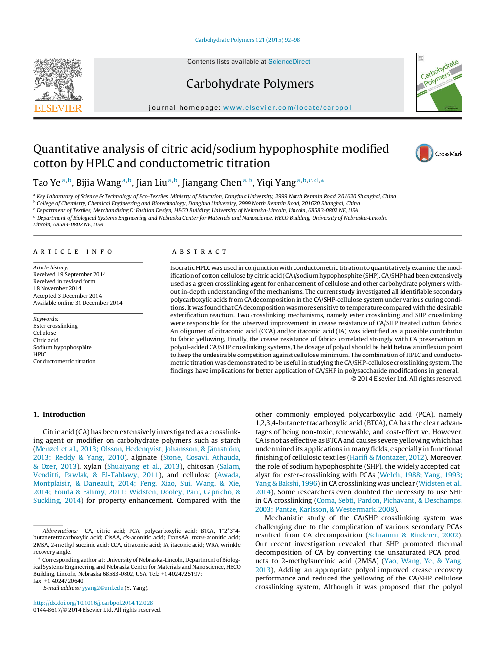 Quantitative analysis of citric acid/sodium hypophosphite modified cotton by HPLC and conductometric titration