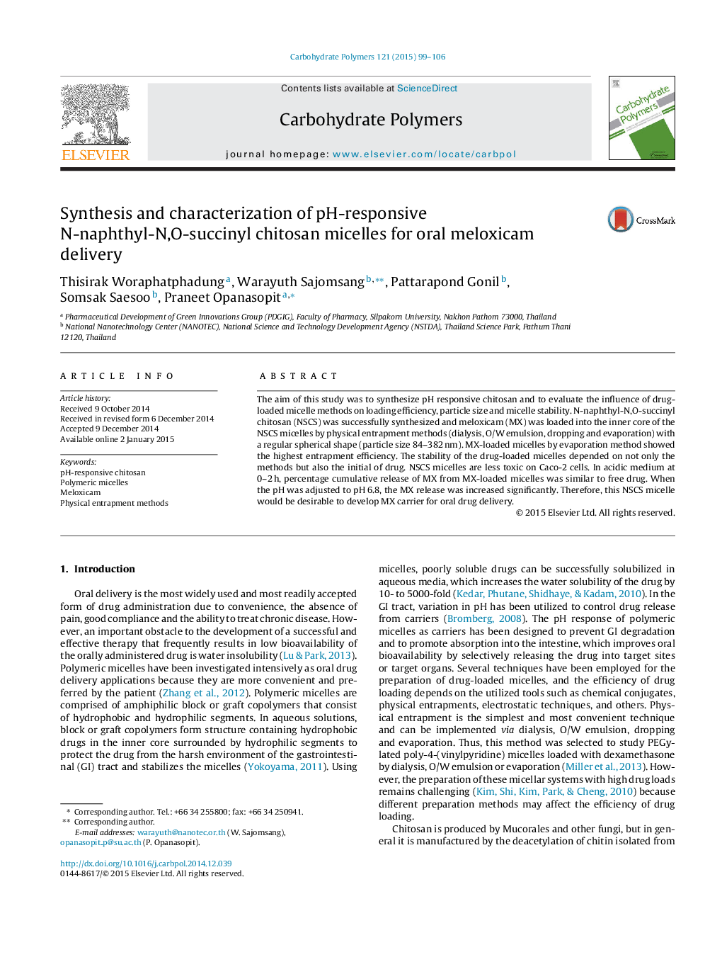 Synthesis and characterization of pH-responsive N-naphthyl-N,O-succinyl chitosan micelles for oral meloxicam delivery