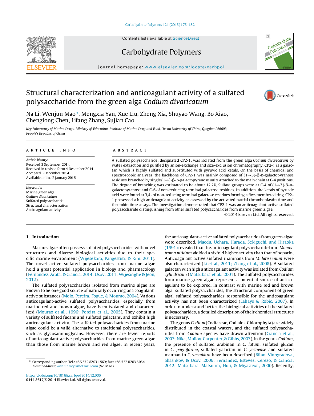 Structural characterization and anticoagulant activity of a sulfated polysaccharide from the green alga Codium divaricatum