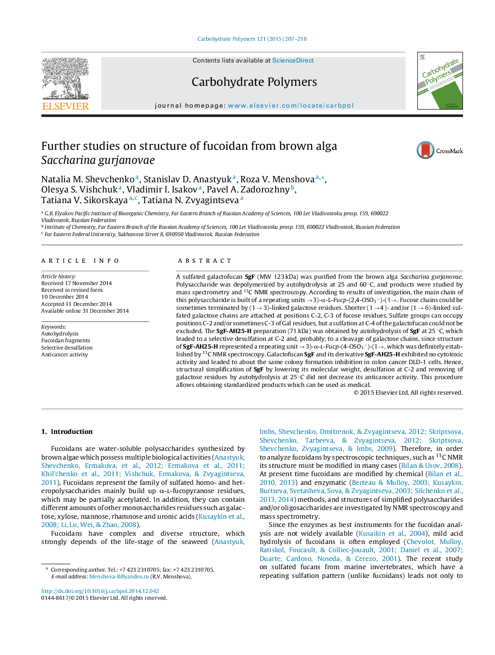 Further studies on structure of fucoidan from brown alga Saccharina gurjanovae