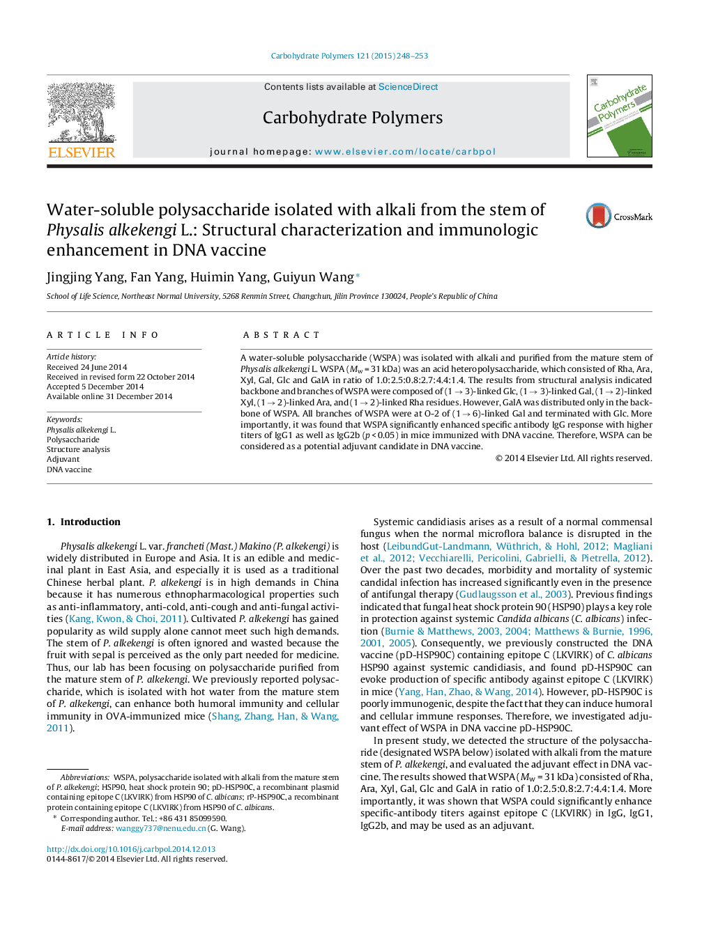 Water-soluble polysaccharide isolated with alkali from the stem of Physalis alkekengi L.: Structural characterization and immunologic enhancement in DNA vaccine