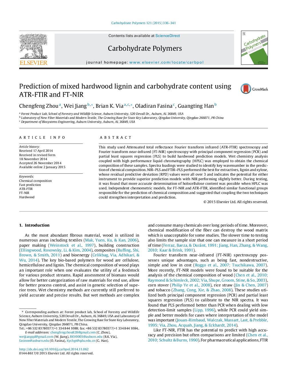 Prediction of mixed hardwood lignin and carbohydrate content using ATR-FTIR and FT-NIR