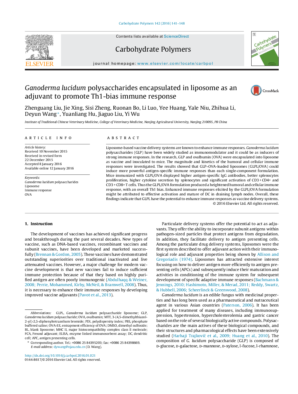 Ganoderma lucidum polysaccharides encapsulated in liposome as an adjuvant to promote Th1-bias immune response