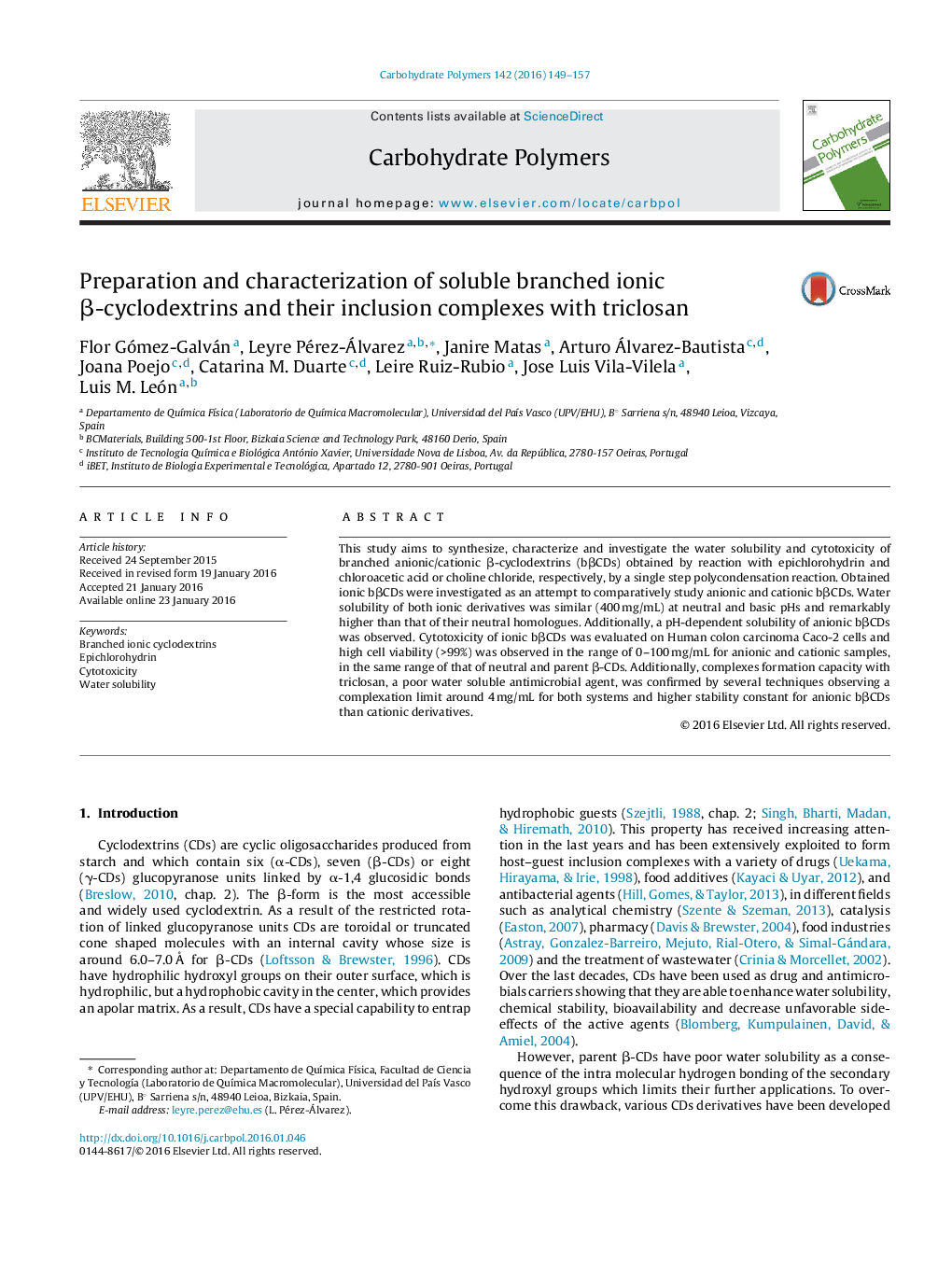 Preparation and characterization of soluble branched ionic β-cyclodextrins and their inclusion complexes with triclosan