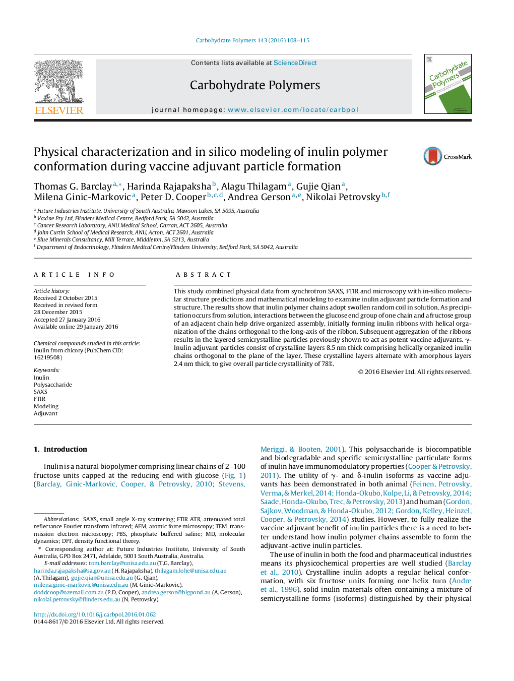 Physical characterization and in silico modeling of inulin polymer conformation during vaccine adjuvant particle formation