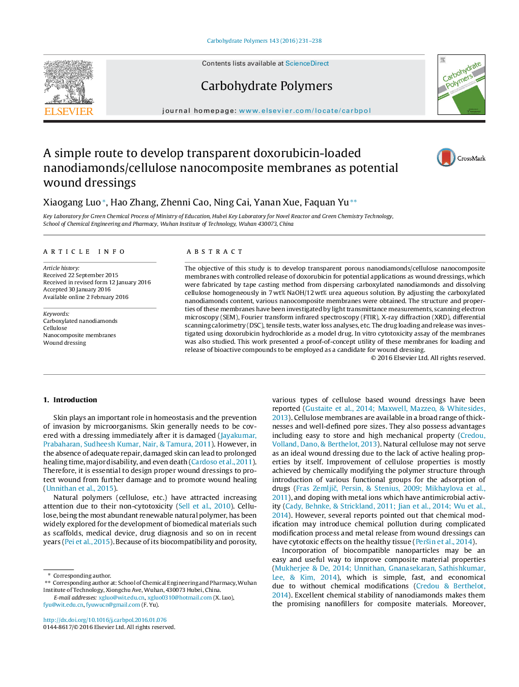 A simple route to develop transparent doxorubicin-loaded nanodiamonds/cellulose nanocomposite membranes as potential wound dressings