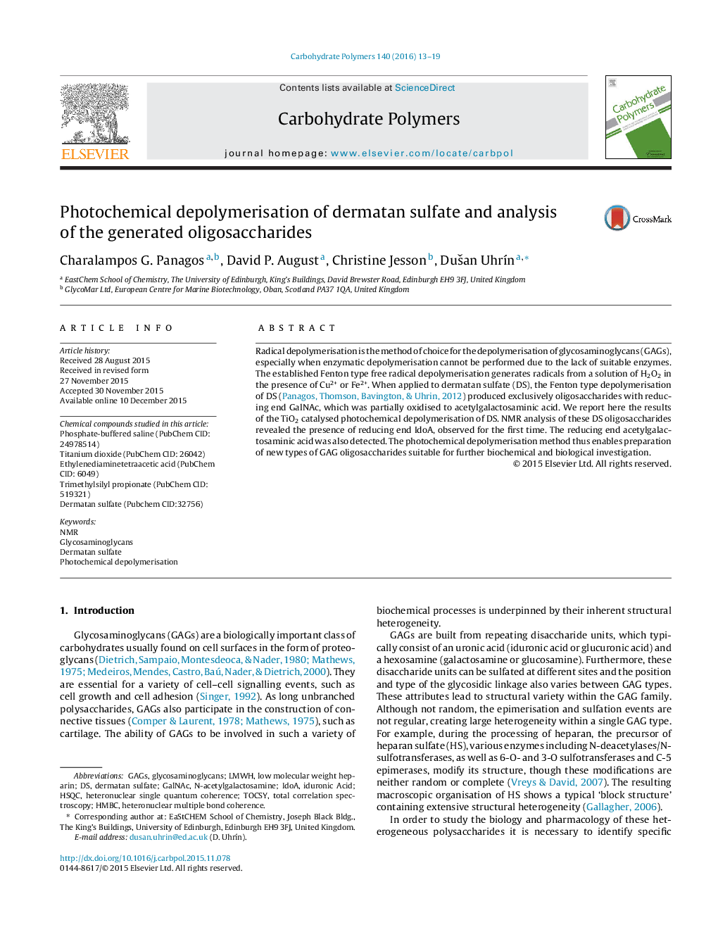 Photochemical depolymerisation of dermatan sulfate and analysis of the generated oligosaccharides