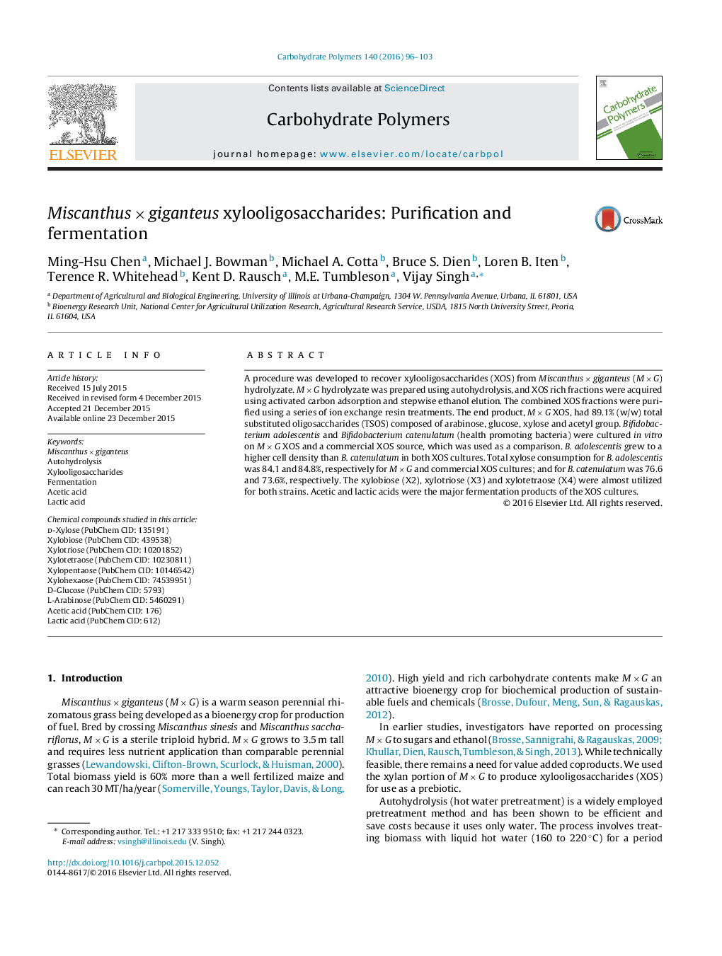 Miscanthus × giganteus xylooligosaccharides: Purification and fermentation