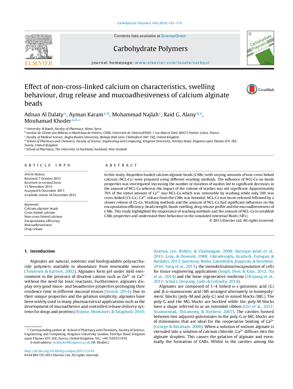 Effect of non-cross-linked calcium on characteristics, swelling behaviour, drug release and mucoadhesiveness of calcium alginate beads