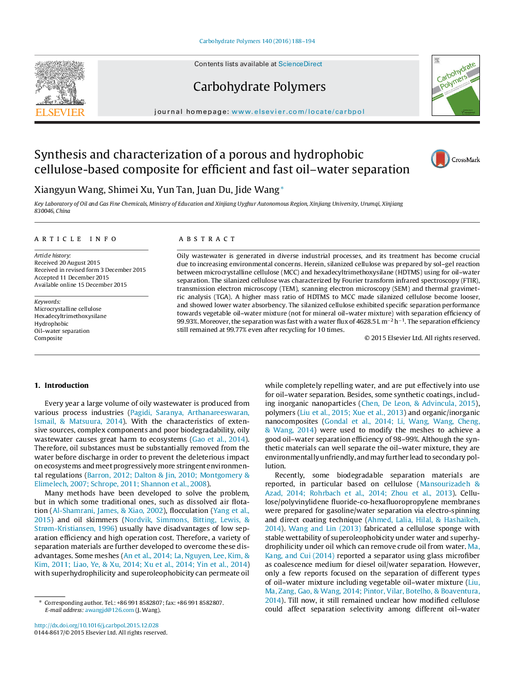 Synthesis and characterization of a porous and hydrophobic cellulose-based composite for efficient and fast oil–water separation