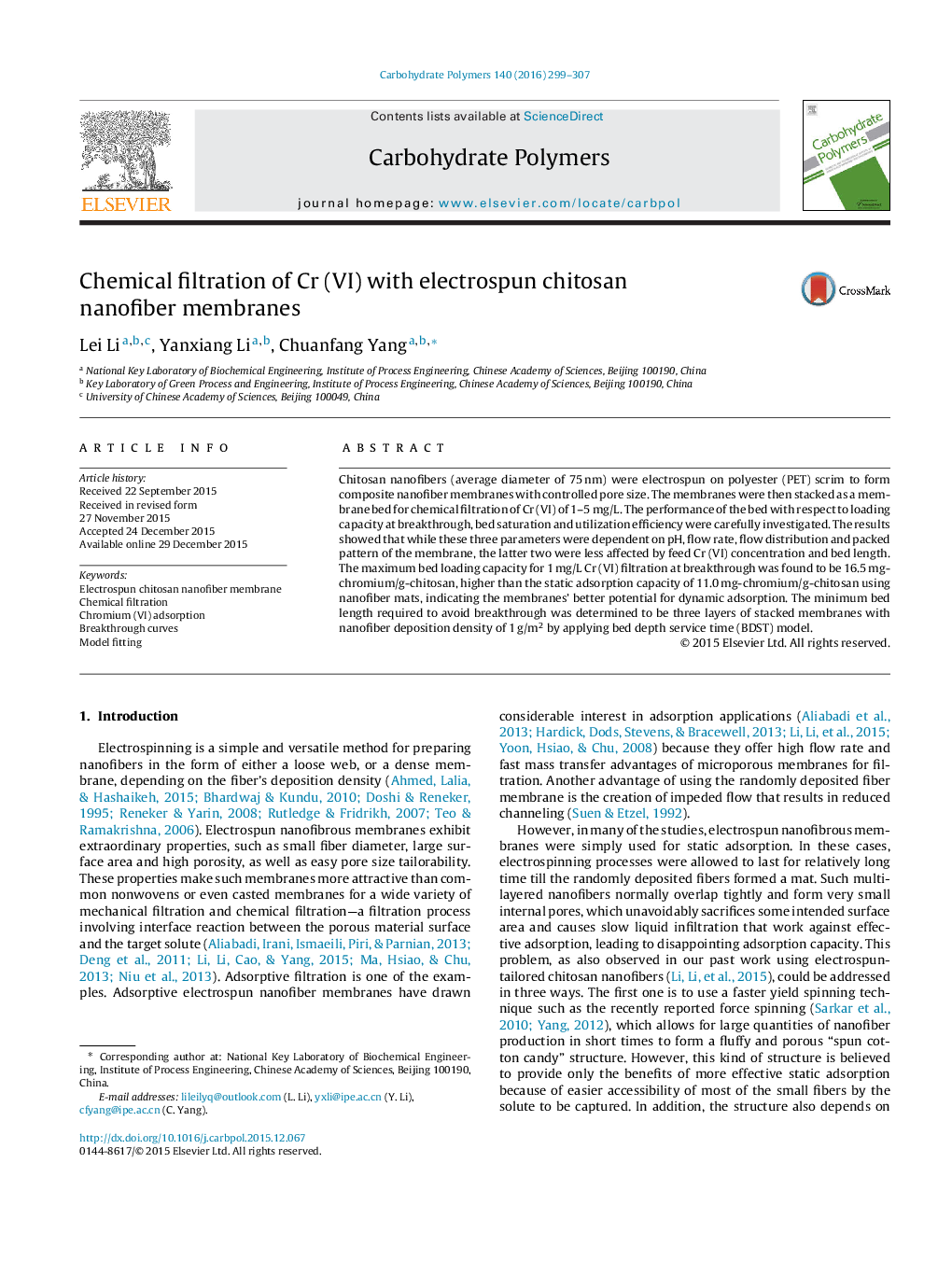 Chemical filtration of Cr (VI) with electrospun chitosan nanofiber membranes