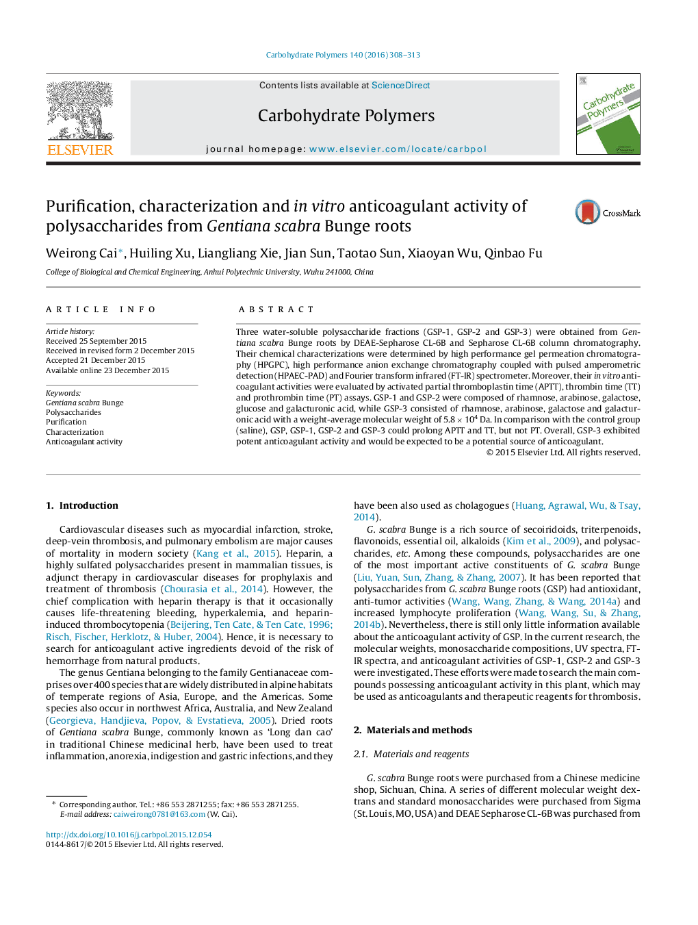 Purification, characterization and in vitro anticoagulant activity of polysaccharides from Gentiana scabra Bunge roots