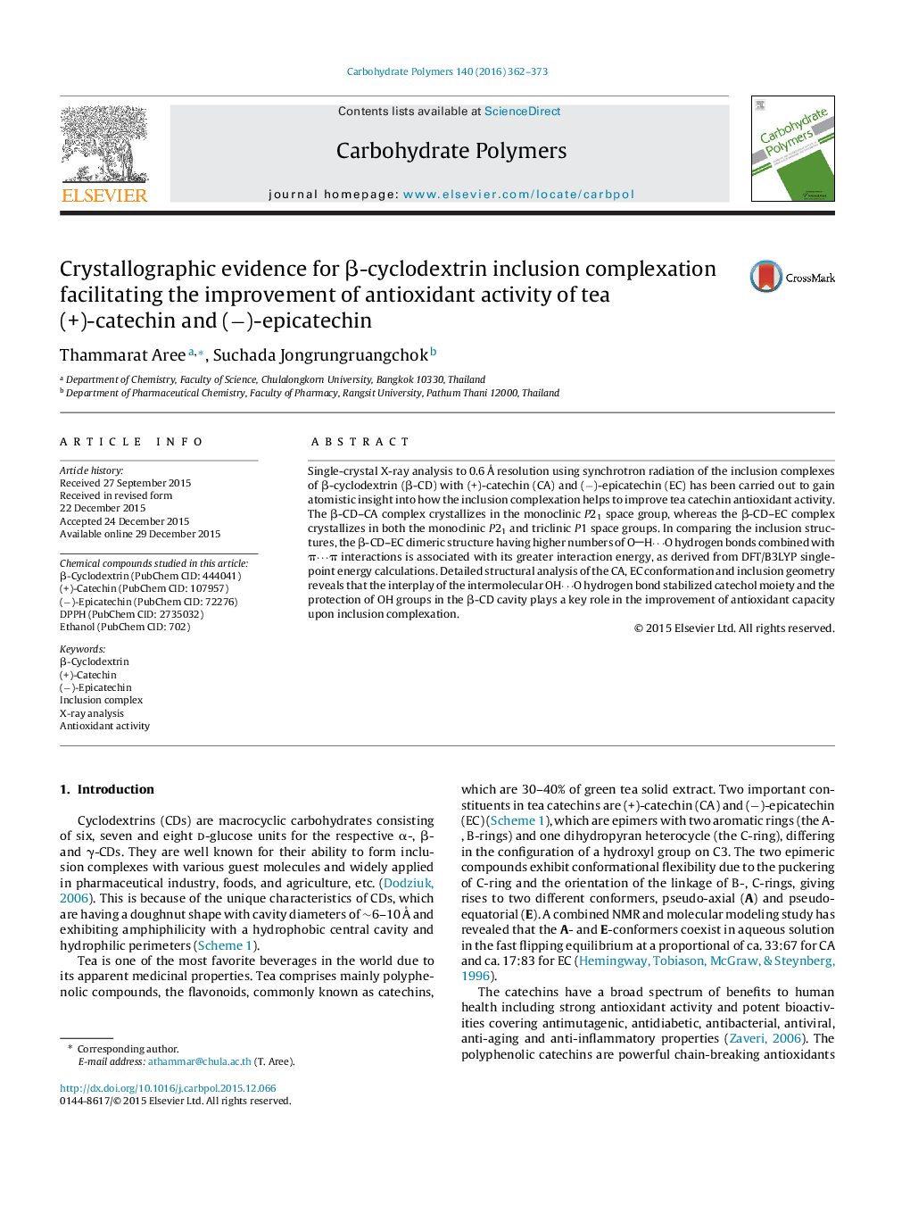 Crystallographic evidence for β-cyclodextrin inclusion complexation facilitating the improvement of antioxidant activity of tea (+)-catechin and (−)-epicatechin