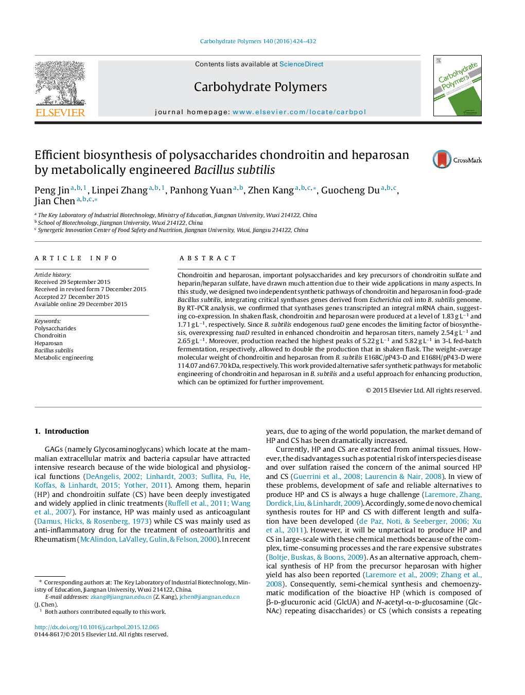 Efficient biosynthesis of polysaccharides chondroitin and heparosan by metabolically engineered Bacillus subtilis