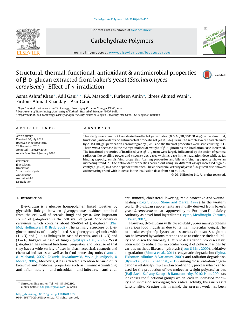 Structural, thermal, functional, antioxidant & antimicrobial properties of β-d-glucan extracted from baker's yeast (Saccharomyces cereviseae)—Effect of γ-irradiation