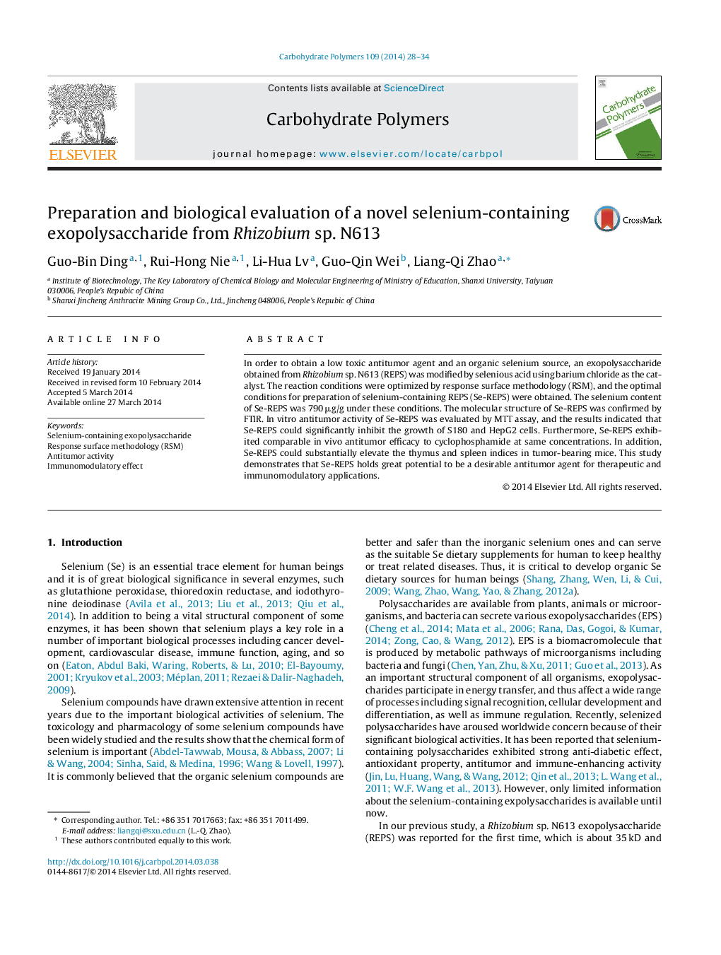 Preparation and biological evaluation of a novel selenium-containing exopolysaccharide from Rhizobium sp. N613