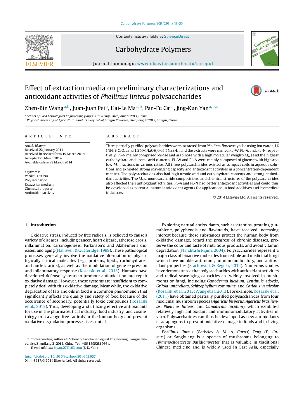 Effect of extraction media on preliminary characterizations and antioxidant activities of Phellinus linteus polysaccharides