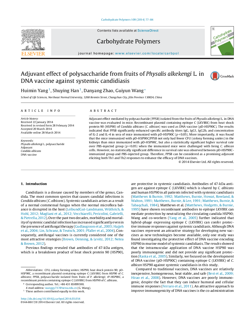 Adjuvant effect of polysaccharide from fruits of Physalis alkekengi L. in DNA vaccine against systemic candidiasis