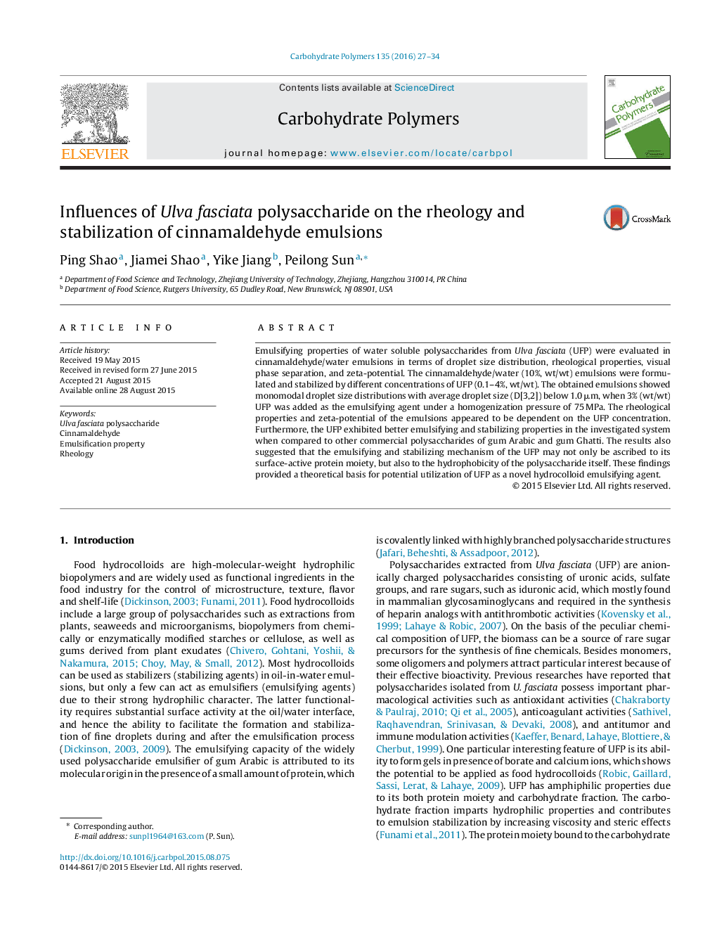 Influences of Ulva fasciata polysaccharide on the rheology and stabilization of cinnamaldehyde emulsions