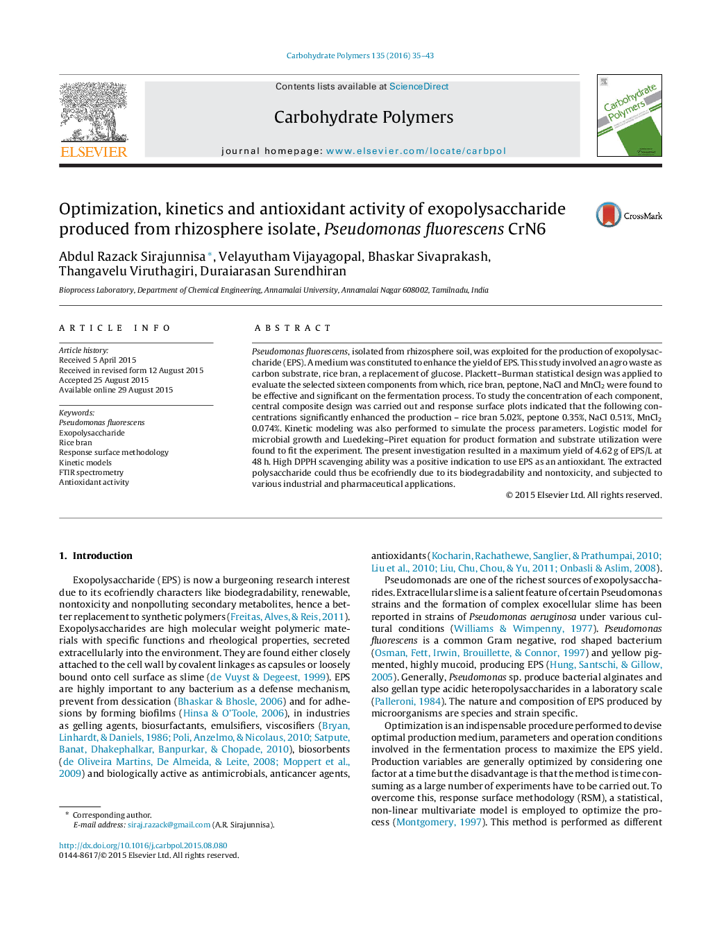 Optimization, kinetics and antioxidant activity of exopolysaccharide produced from rhizosphere isolate, Pseudomonas fluorescens CrN6