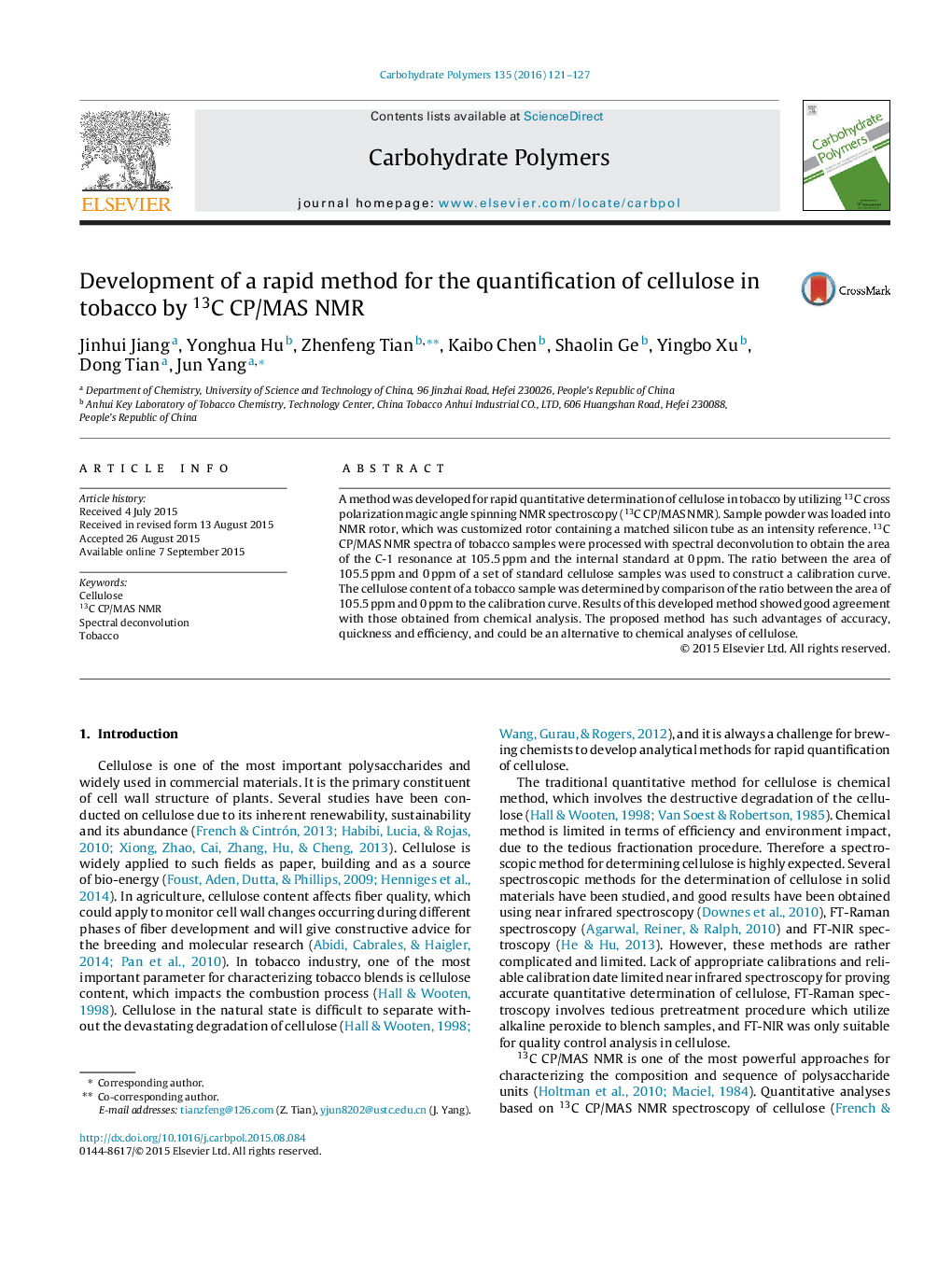 Development of a rapid method for the quantification of cellulose in tobacco by 13C CP/MAS NMR