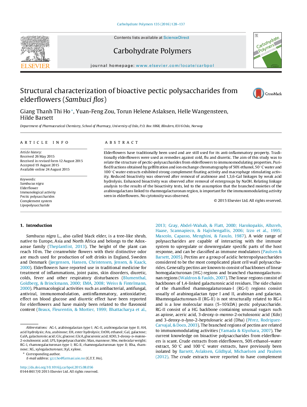 Structural characterization of bioactive pectic polysaccharides from elderflowers (Sambuci flos)