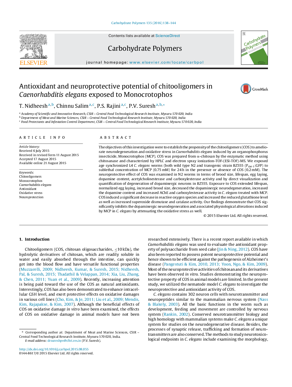 Antioxidant and neuroprotective potential of chitooligomers in Caenorhabditis elegans exposed to Monocrotophos