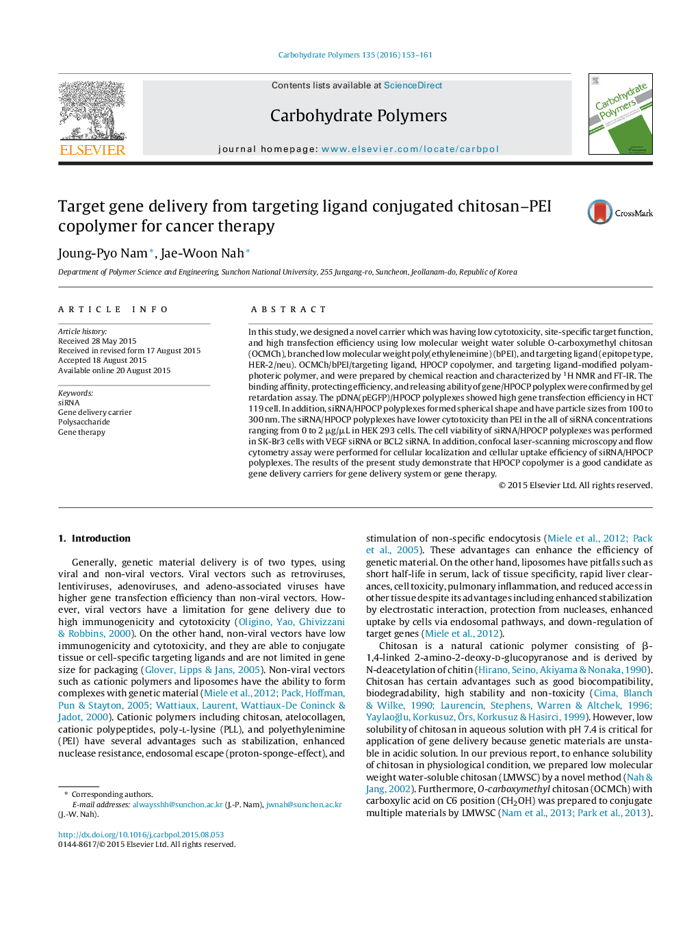 Target gene delivery from targeting ligand conjugated chitosan–PEI copolymer for cancer therapy