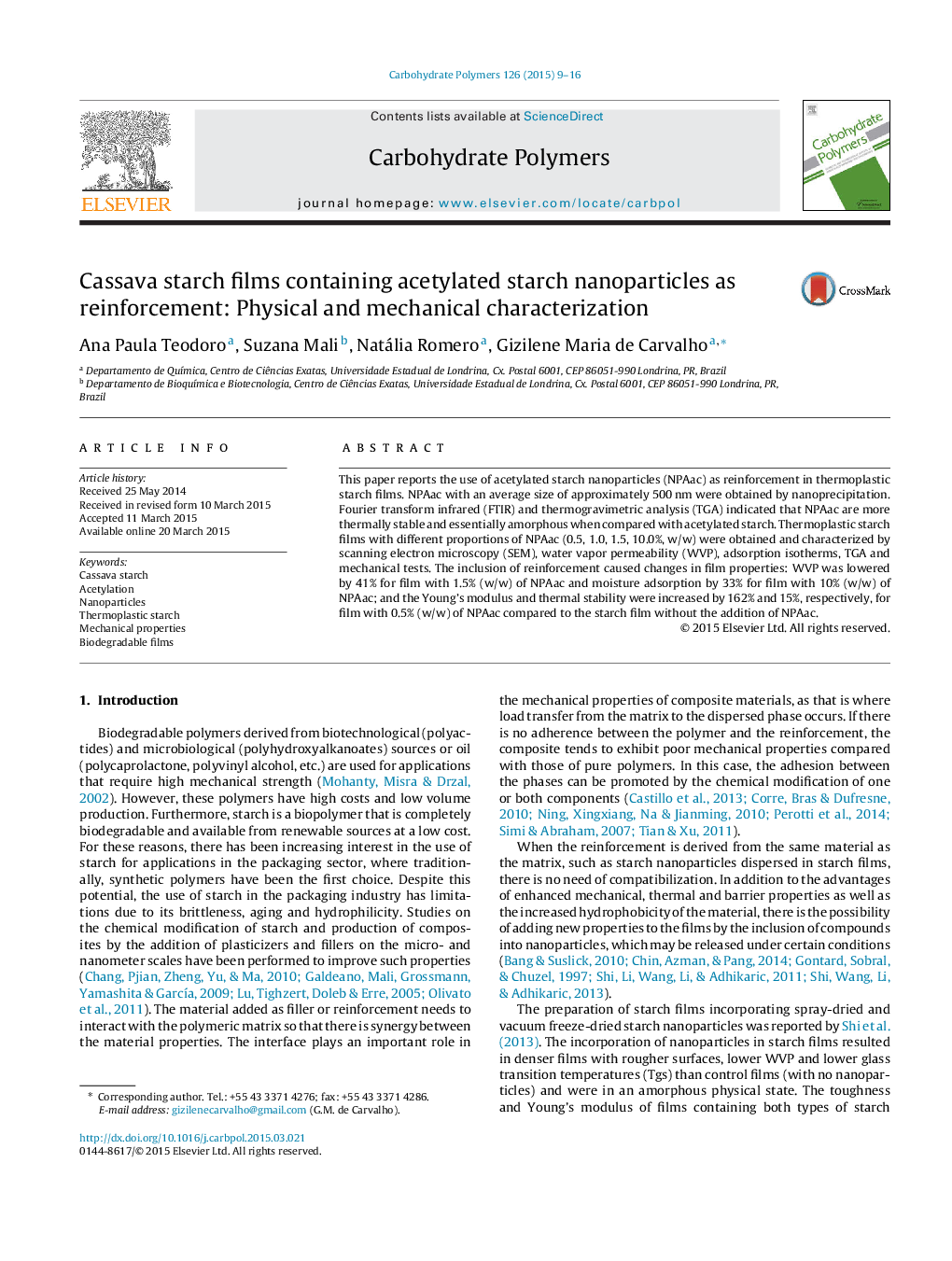 Cassava starch films containing acetylated starch nanoparticles as reinforcement: Physical and mechanical characterization