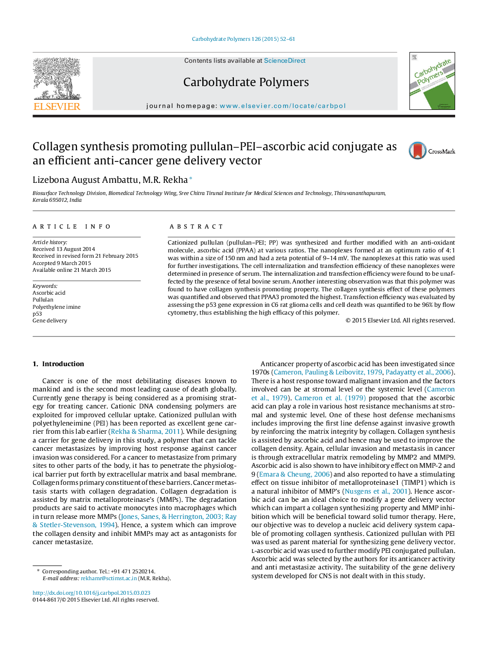 Collagen synthesis promoting pullulan–PEI–ascorbic acid conjugate as an efficient anti-cancer gene delivery vector